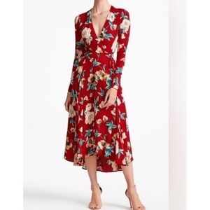 Stone Cold Fox Silk Wrap Dress 1 Red Floral Long Sleeve Ruffle Maxi Gown
